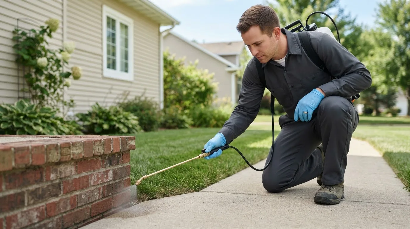 Pest control technician treating a home near Collegeville, MN