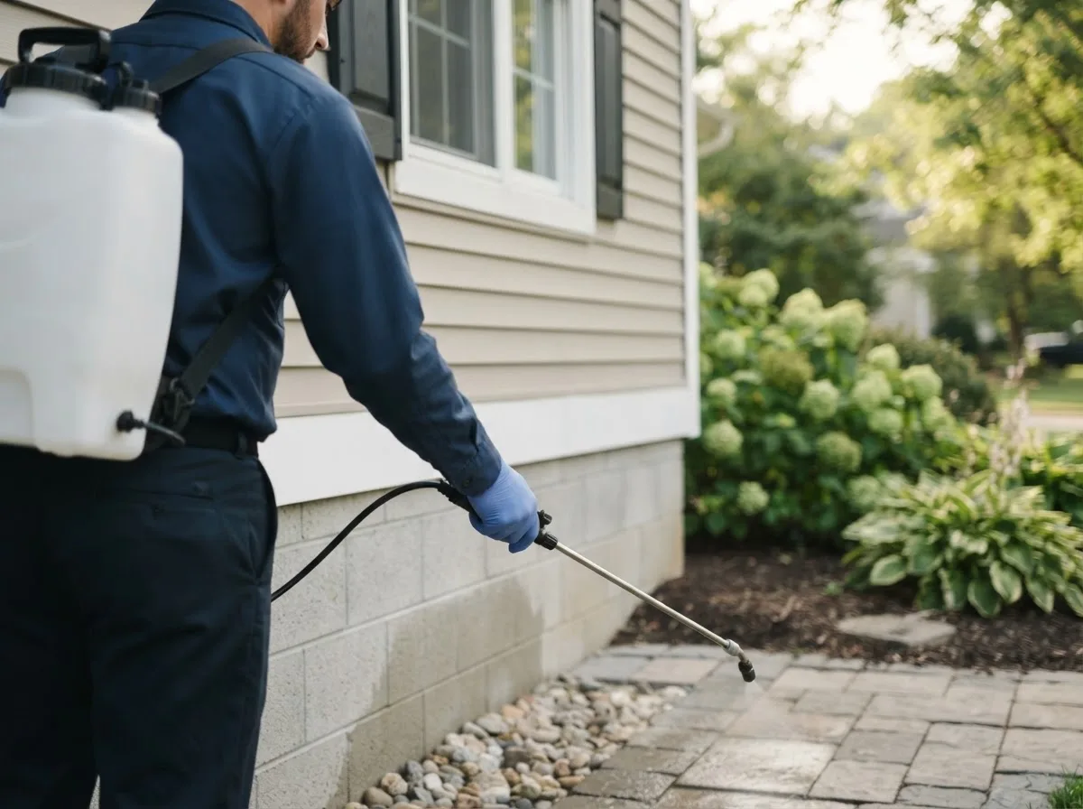 Pest control technician inspecting a home in Collegeville, MN